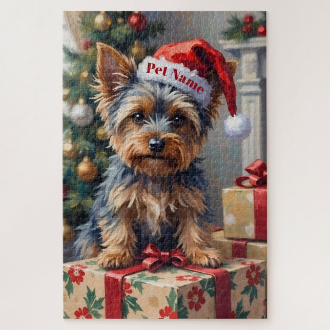 Quebra-cabeça Yorkshire Terrier on Presents with Santa Hat (Vertical)