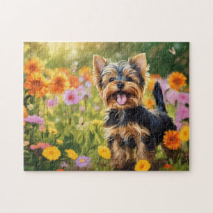 Quebra-cabeça Yorkshire Terrier Pup em Flower Field