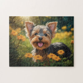 Quebra-cabeça Yorkshire Terrier Pup em Flower Field