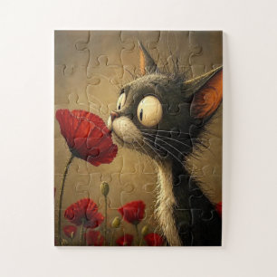 Quebra-cabeças Gato Preto Fofo Flor Vermelha Flora
