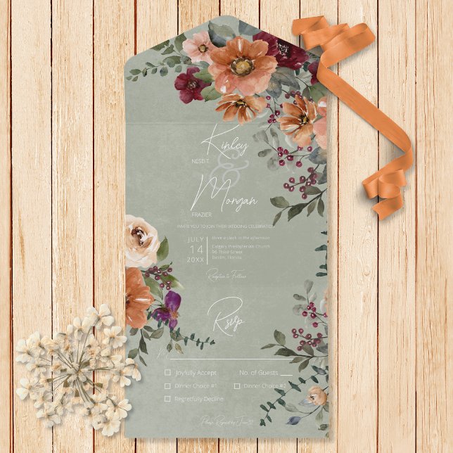 Queda Janto Russo Rust & Wine Floral Sage (Also available with a QR code or without dinner selection options.)