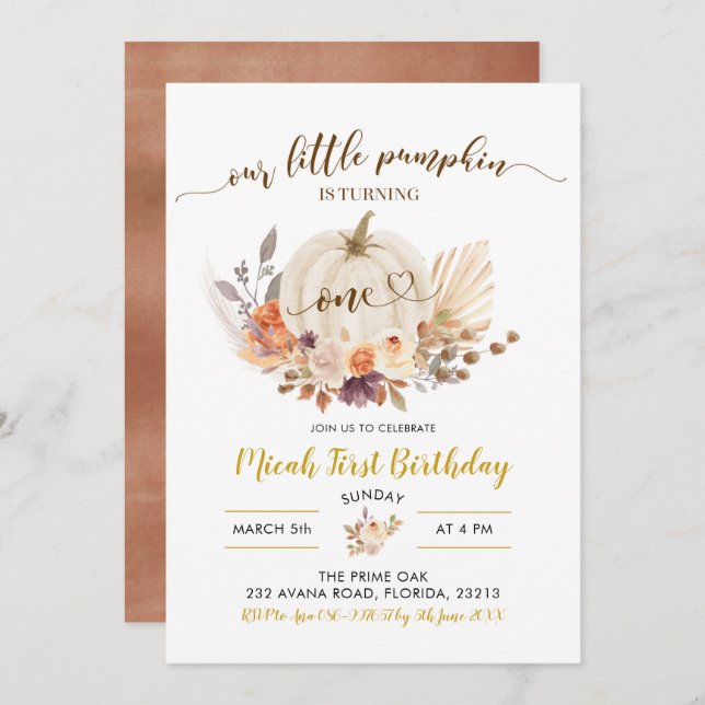 Queda Rustic Boho Pumpkin Primeiro Convite de Aniv (Frente/Verso)