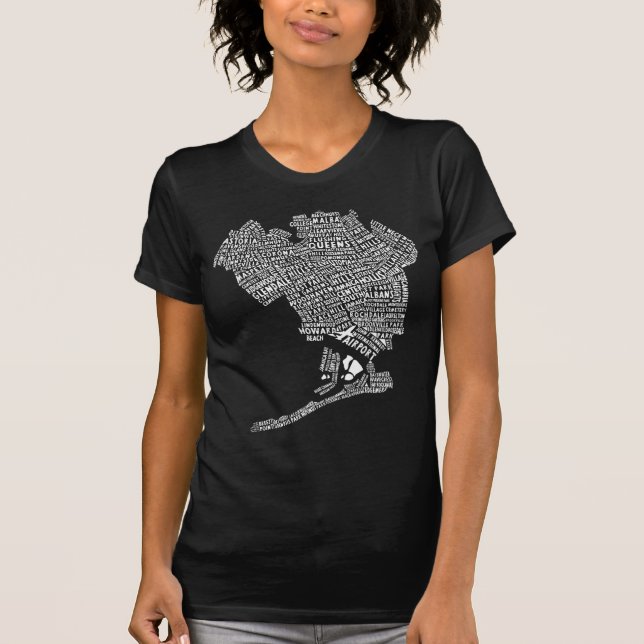 Queens Nova Iorque Word Art Map T-Shirt (Frente)