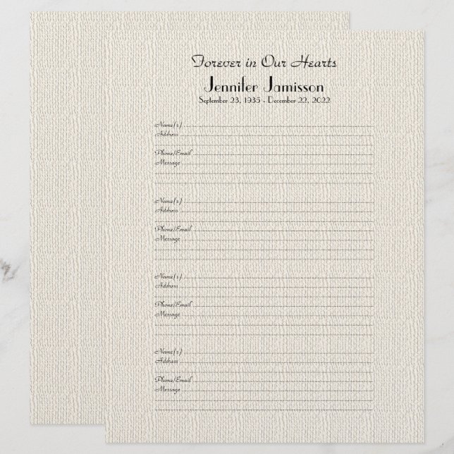 Queimador do Livro Memorial Página de Entrada Faux (Frente/Verso)