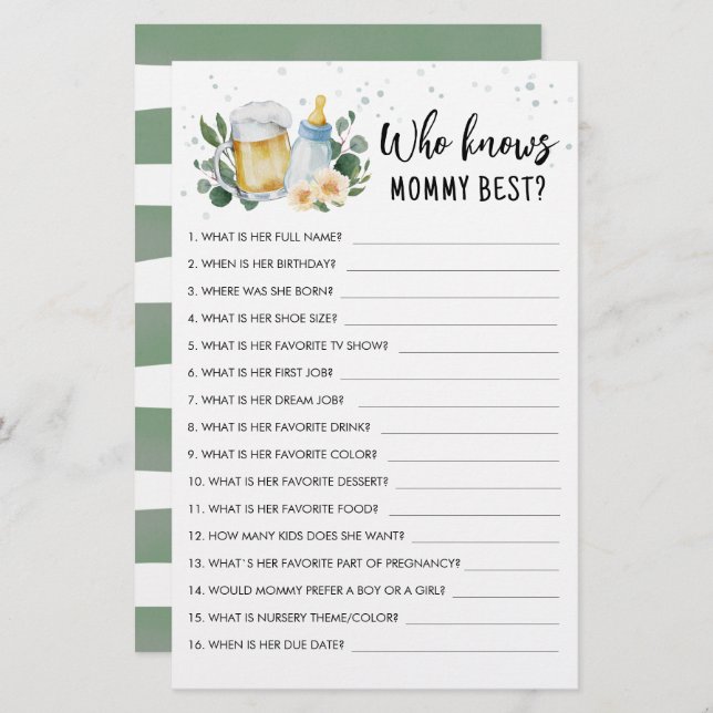 Quem Conhece Mamãe O Melhor Jogo Verde Bebê Está A (Frente/Verso)