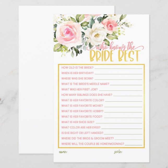 Quem conhece melhor a noiva - Floral rosa e Dourad (Frente/Verso)