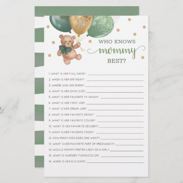 Quem Conhece O Melhor Chá de fraldas De Jogo Urso  (Frente/Verso)