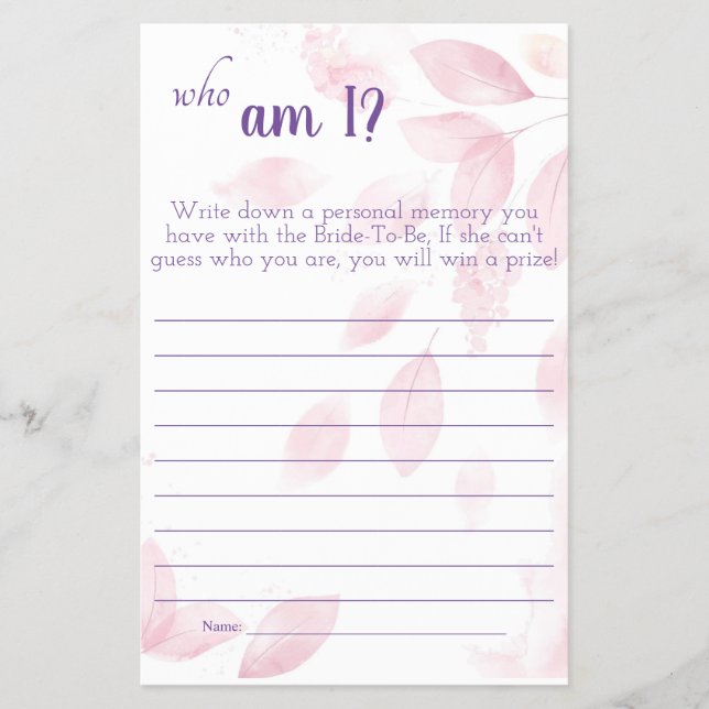 Quem sou eu? Cartão de jogo chá de panela (Frente)