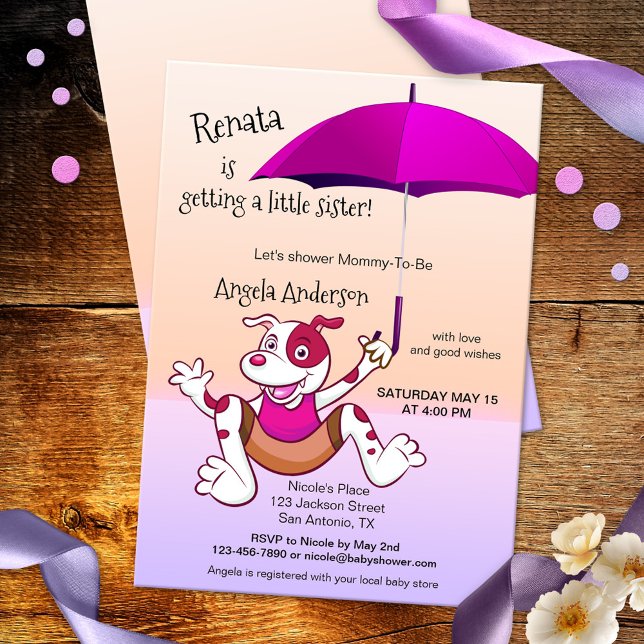Quente rosa Guarda-chuvas Engraçado Convite para C (funny baby shower invitation featuring a happily jumping dog with fuchsia hot pink umbrella )