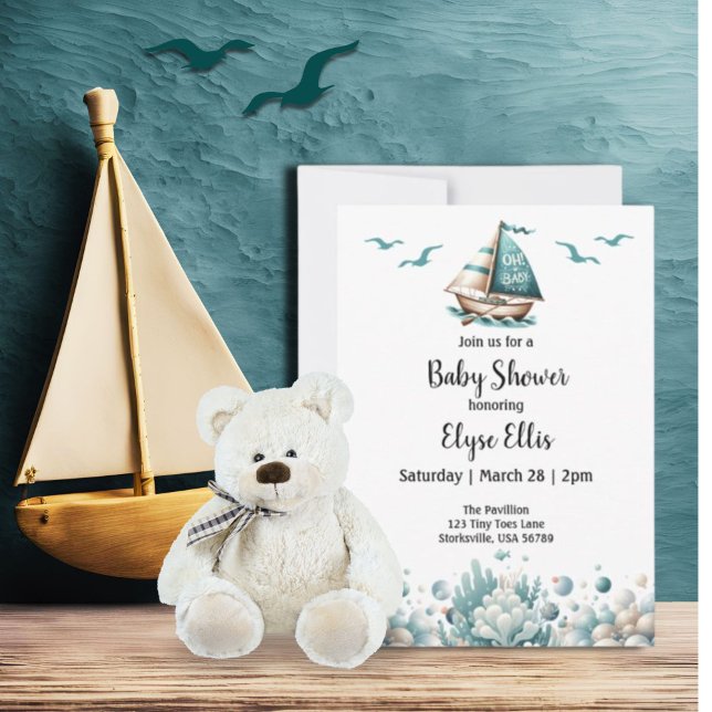 Querida! Convite Rustic Blue Chá de fraldas (Oh, Baby Vintage Nautical Baby Shower Invitation)