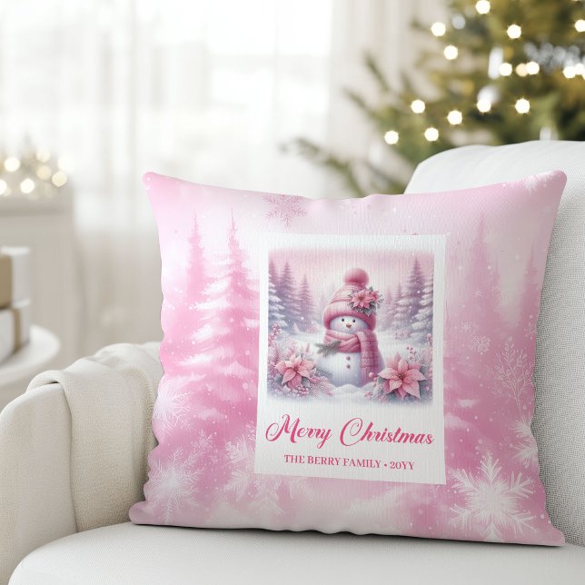 Querido Boneco de Neve Rosa Almofada de Natal Deco (Darling Pink Snowman Snowy Christmas Pillow Decor)