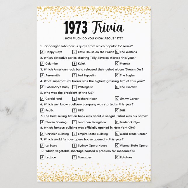 Questionário personalizado de 1973 Trivia para Cas (Frente)