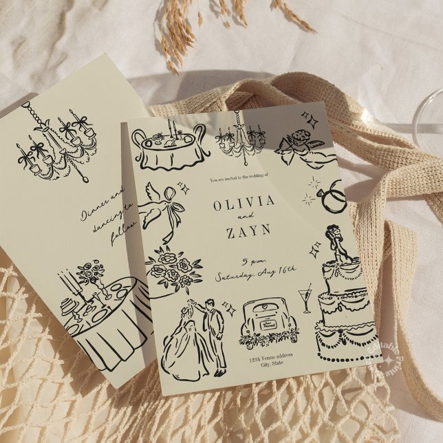 Quimísico Convite De Casamento Romântico (Whimsical Hand Drawn Wedding Invitation Black)