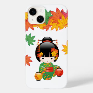 Quimono Verde Outono Boneca Kokeshi Folhas de Bord