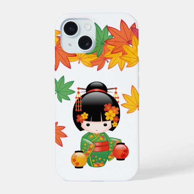 Quimono Verde Outono Boneca Kokeshi Folhas de Bord (Verso)