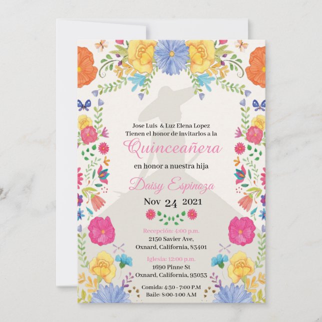 Quinceañera Invitation multi color, flowers  (Frente)