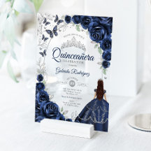 Quinceanera Azul Marinho Floral Prata