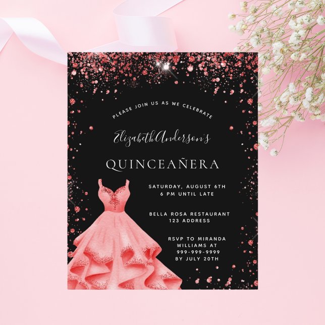 Quinceanera Black Red Gliter Convite (Criador carregado)