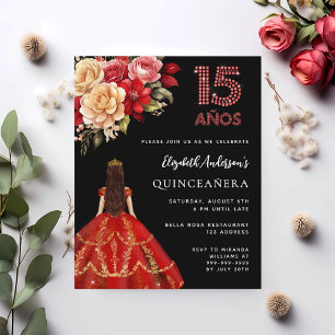 Quinceanera black red rosa convite