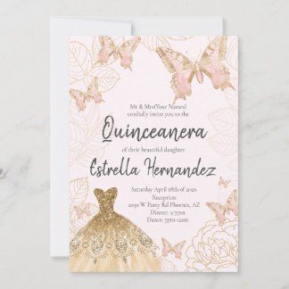 Quinceanera, Borboleta Rosa e Dourada, Convite