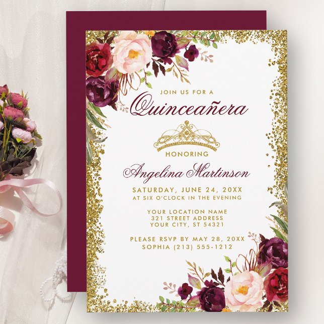 Quinceanera Burgundy Coroa Dourada Floral Convite  (Customize to change text color, style, add text & photos to back or change color of back of card.)