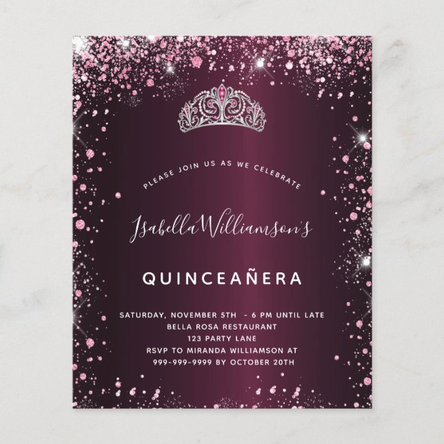 Quinceanera burgundy glitter tiara convite (Frente)