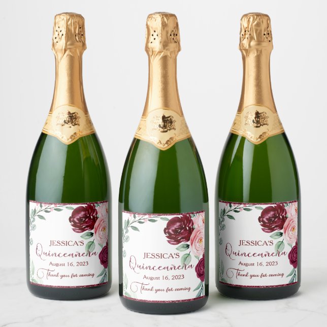 Quinceanera Burgundy Red Floral Piscando (Garrafas)