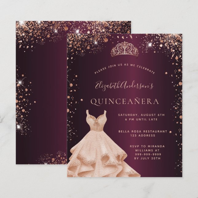 Quinceanera burgundy - rosa de ouro convite (Frente/Verso)