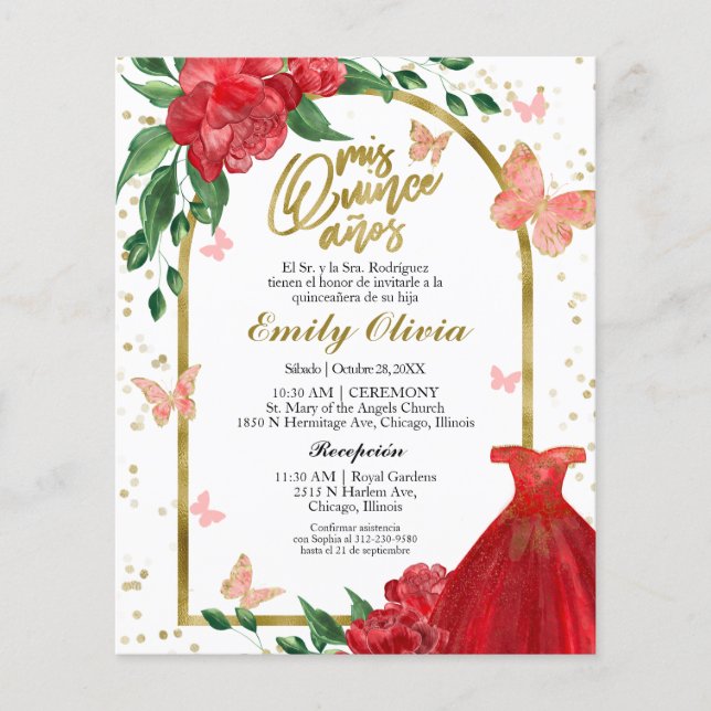 Quinceanera Butterflys Convite Orçamental Espanhol (Frente)