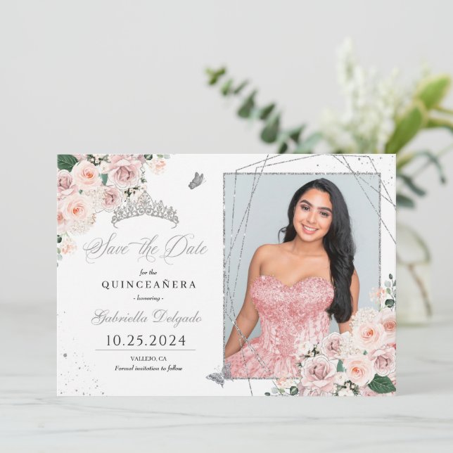 Quinceañera, Cartão com fotos Rosa E Prateado, Sal (Em pé/Frente)