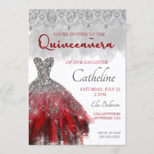 Quinceanera Convite 15 de prata vermelha