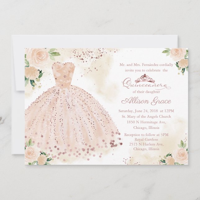 Quinceanera Convite Bilíngue Lâmpada Cor-de-Rosa (Frente)