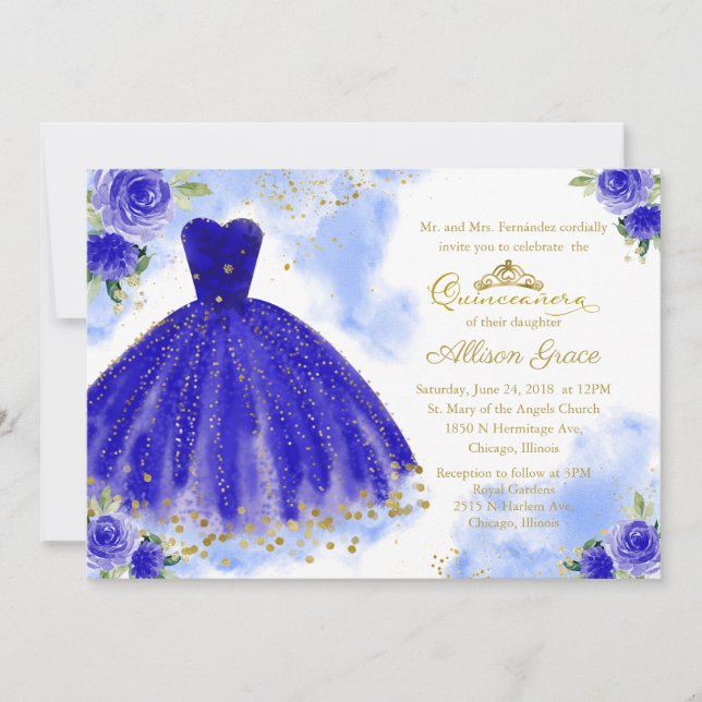Quinceanera Convite Bilíngue Royal Blue Gown (Frente)
