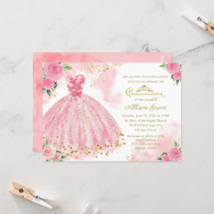Quinceanera Convite Dourado Folha Rosa Quente