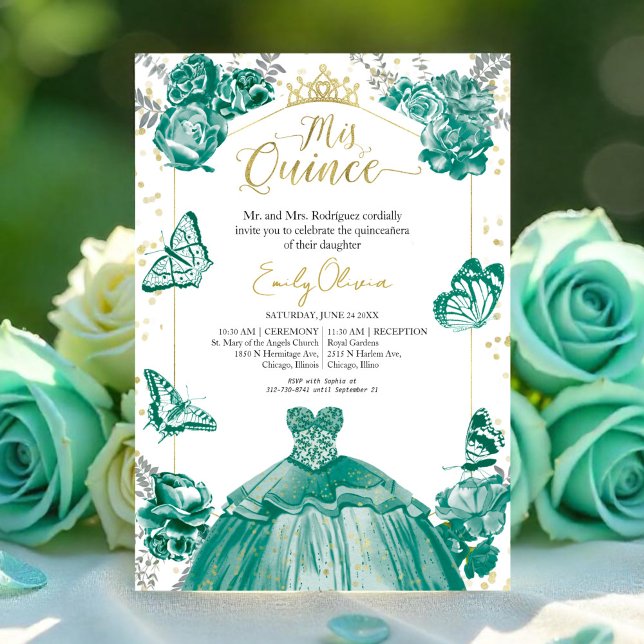 Quinceanera Convite Emerald Green Dress Floral (Criador carregado)