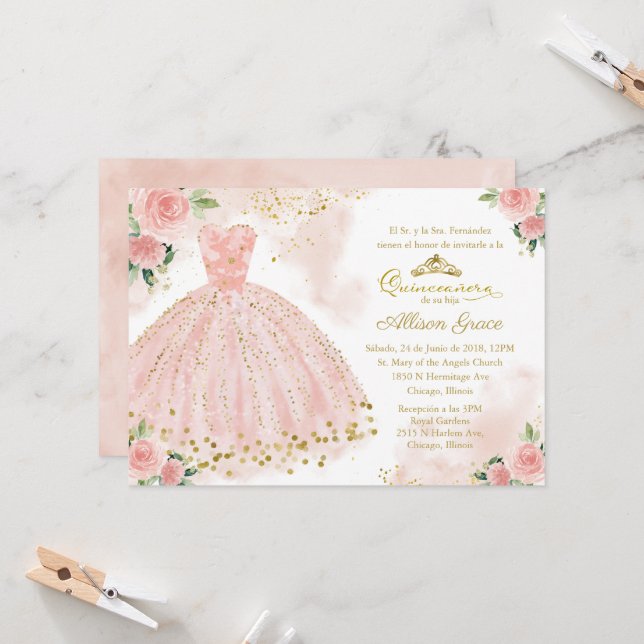 Quinceanera Convite Espanhol Blush Gold Foil (Frente/Verso In Situ)