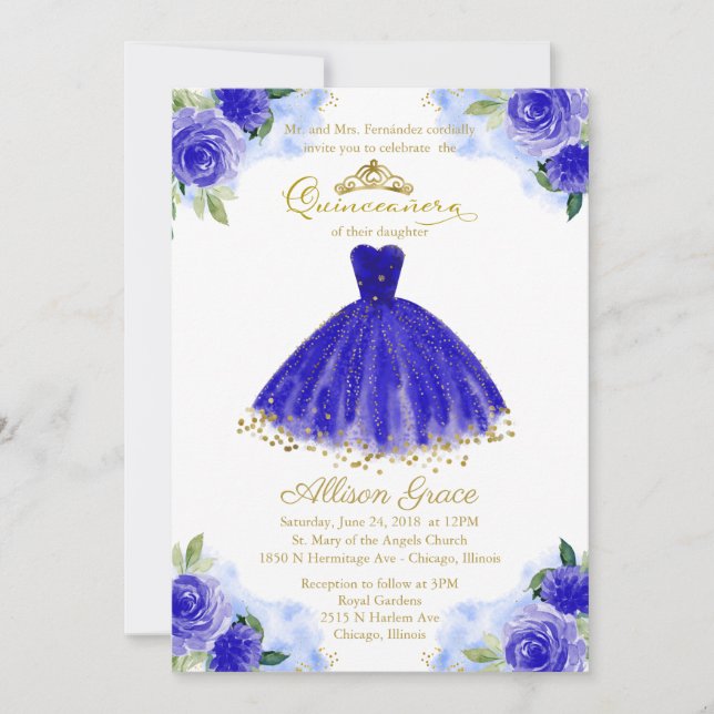 Quinceanera Convite Gold Foil Royal Blue Vress (Frente)