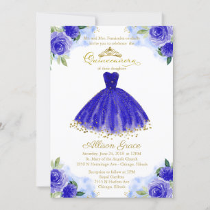 Quinceanera Convite Gold Foil Royal Blue Vress