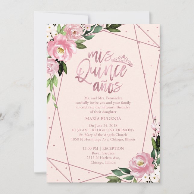 Quinceanera Convite Rosa Bilíngue (Frente)