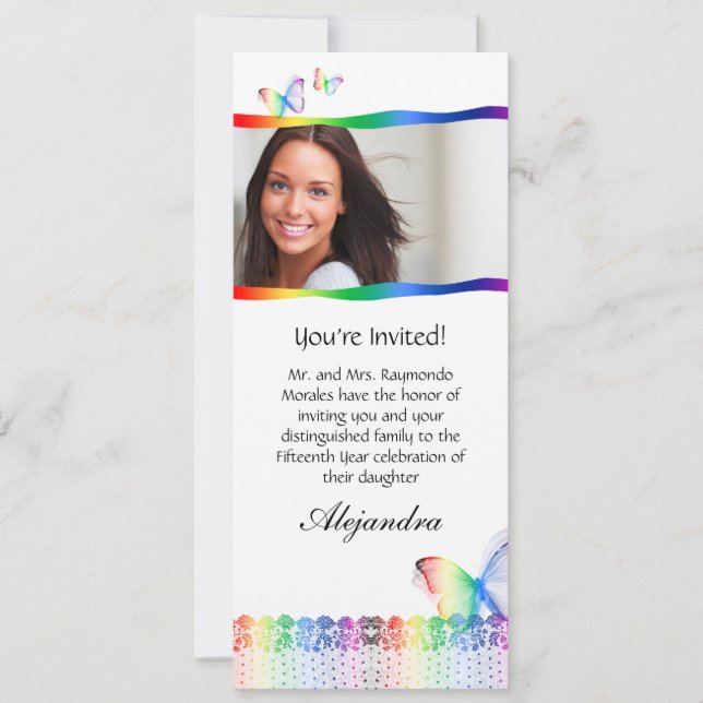 Quinceanera Convites Borboleta Lace Arco-Íris (Frente)