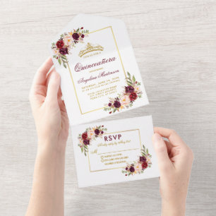 Quinceanera Dourada Crown Watercolor Burgundy Flor
