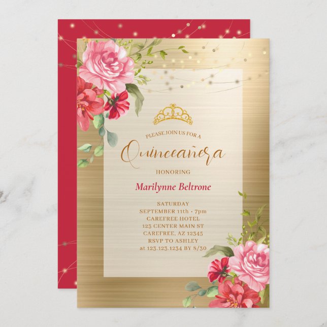 Quinceañera Dourado Convite à Coroa Floral (Frente/Verso)