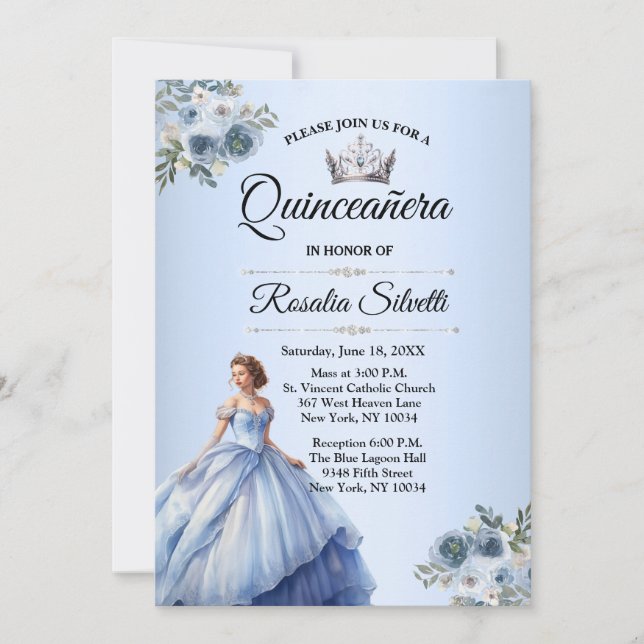 Quinceanera Dusty Blue e Silver Convite (Frente)