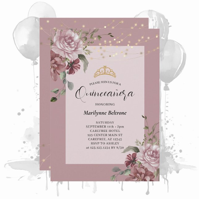Quinceañera Dusty Purple Convite Dourado Floral (Criador carregado)