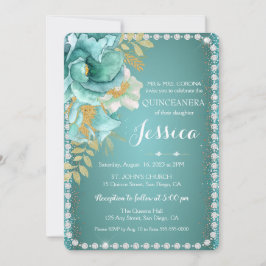 Quinceanera Elegante Dourada Teal Convite Floral
