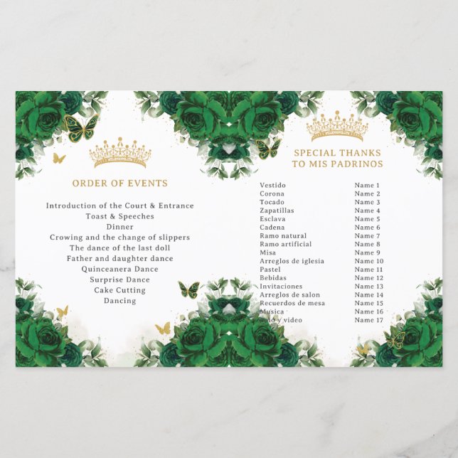Quinceañera Emerald Floral Butterflies (Verso)