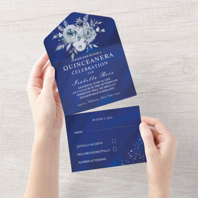 Quinceañera Floral Azul Real e Prata (Aba destacável)