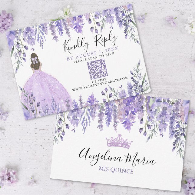 Quinceanera Floral com Lavanda roxa Código QR RSVP (Purple Lavender Floral Quinceanera QR Code RSVP)
