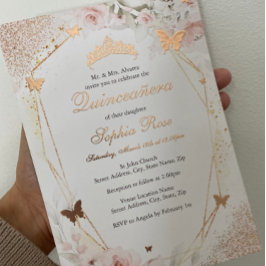 Quinceanera Floral com Rosa cor-de-rosa Dourada