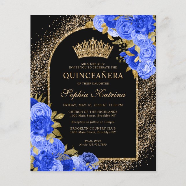 Quinceanera Floral Dourada Azul Preto (Frente)